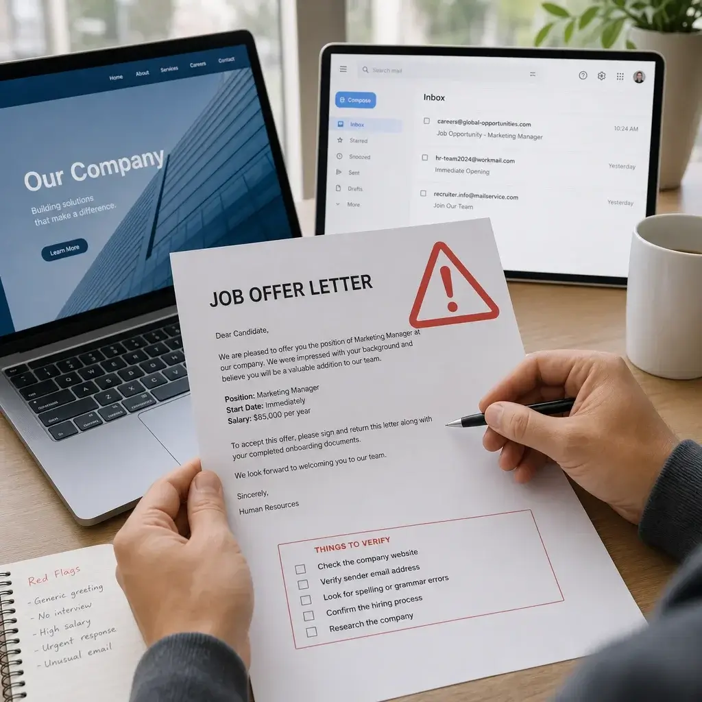 LMIA Approved Employers in Canada: How to Find Real Opportunities 2 A suspicious job offer letter being checked against a company website and email details.