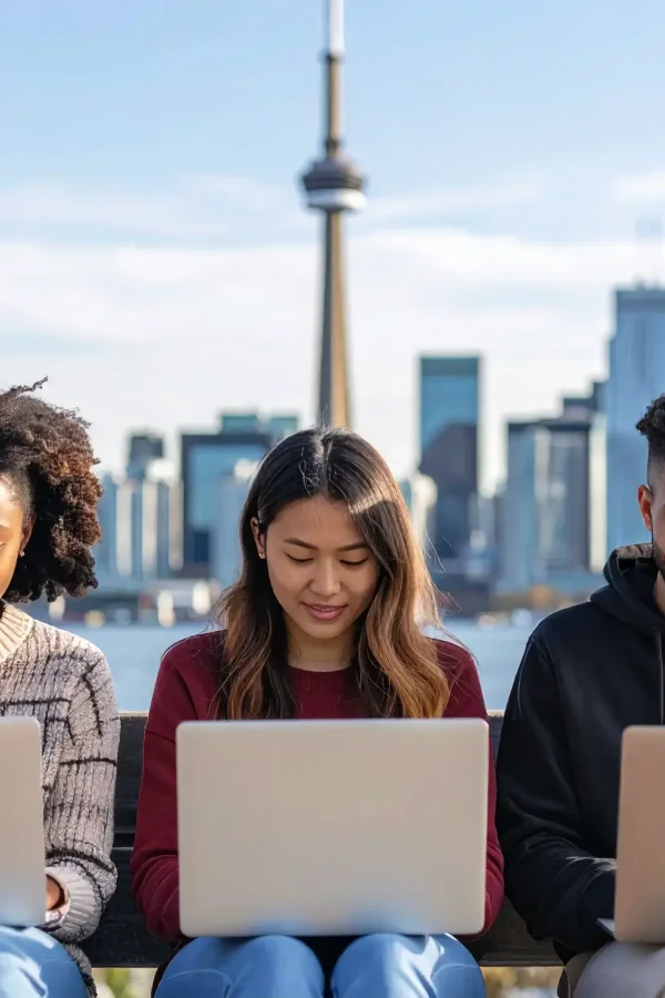 Three young adults sit on a bench outdoors, each working on a laptop, as the city skyline and CN Tower in Toronto rise behind them—a perfect setting to check ITA updates and the latest Express Entry draws under a clear sky.